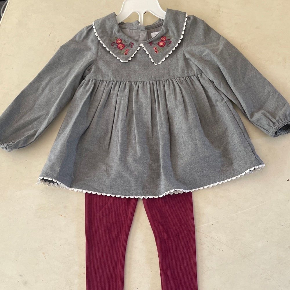 Tahari Gray Dress with Red Floral Embroidery